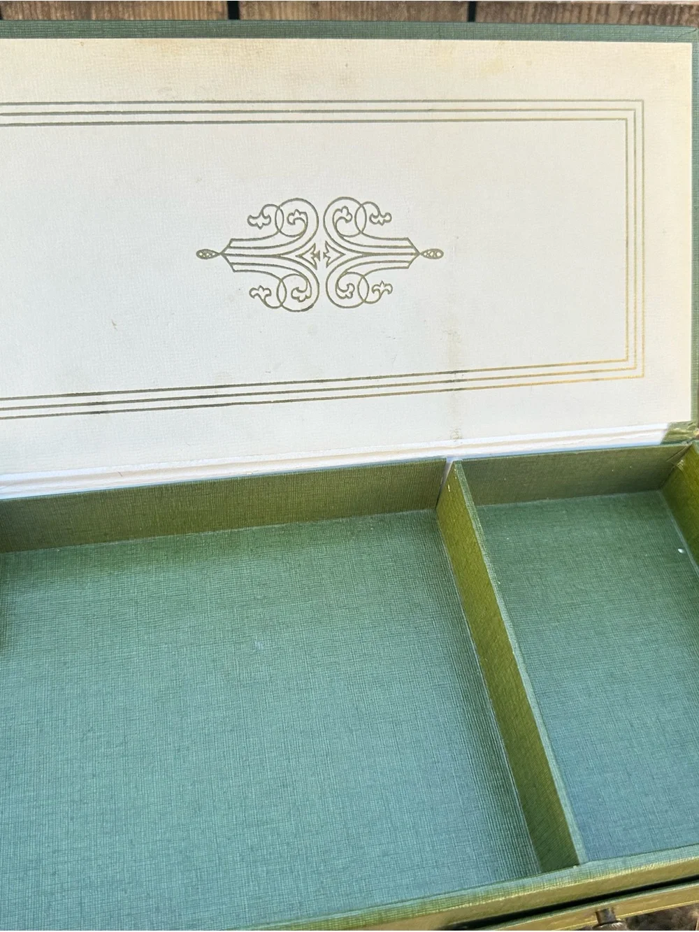 Vintage Cardboard/Leather-like Jewelry Box Green  1960's Trinket 2 Drawers